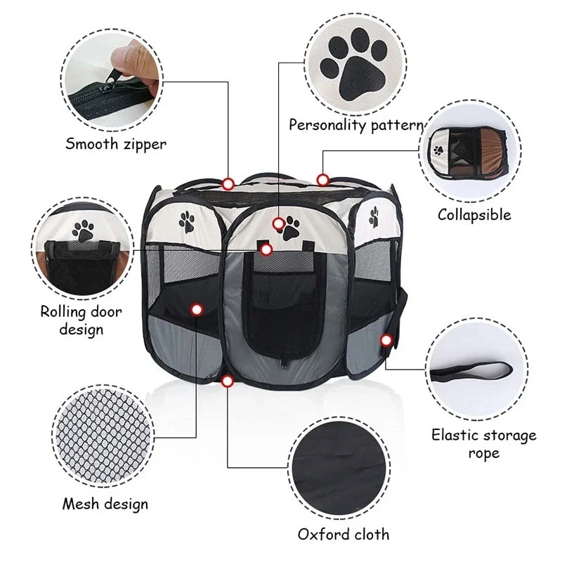 Huisdierentent Achthoekig Opvouwbaar | Voor Grote Honden & Katten | Ventilatie & Anti-Insectengaas | Makkelijk in Gebruik | Draagbaar en Lichtgewicht | Oxford Stof | Witte Curry Kleur | 73x73x43 cm | Geschikt voor Reizen & Buitenavonturen - Image 3
