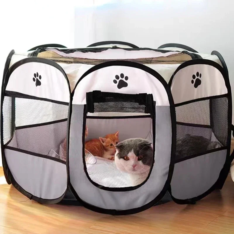Huisdierentent Achthoekig Opvouwbaar | Voor Grote Honden & Katten | Ventilatie & Anti-Insectengaas | Makkelijk in Gebruik | Draagbaar en Lichtgewicht | Oxford Stof | Witte Curry Kleur | 73x73x43 cm | Geschikt voor Reizen & Buitenavonturen - Image 4