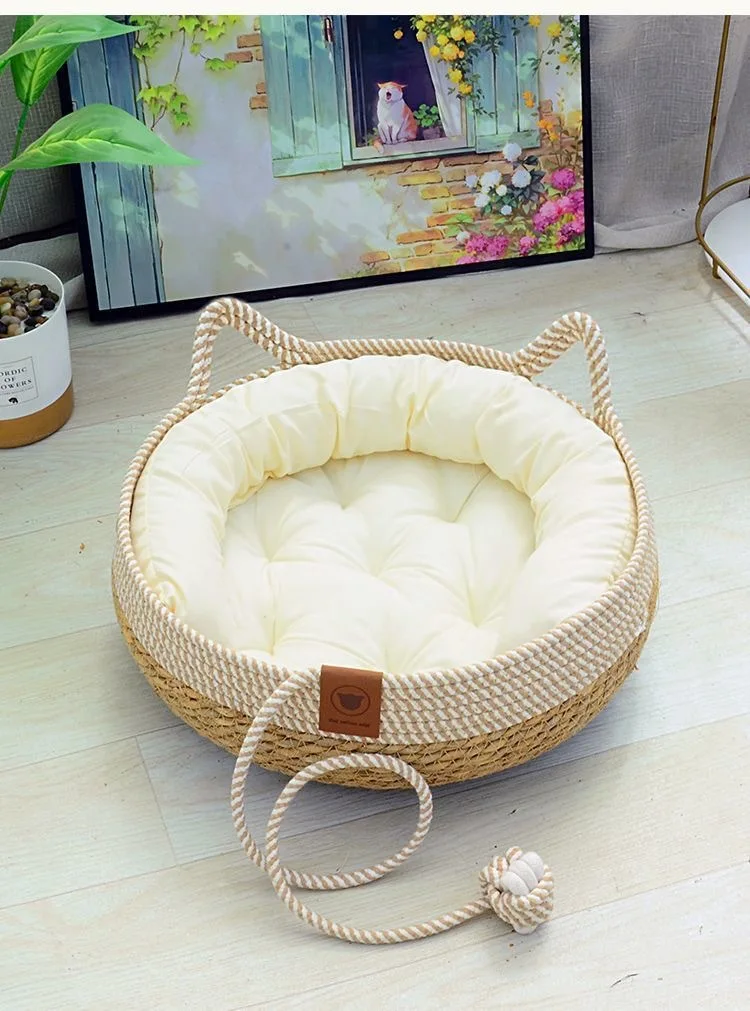 OUZEY Rieten Huisdier Mand | Comfortabel Ademend | Katoen | Ronde Mand voor Katten en Kleine Honden | Seizoensgebonden Dierenhuis | Perfect voor Rust en Slaap | Huisdieraccessoires uit China - Image 3