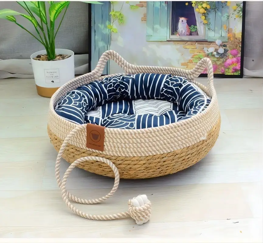 OUZEY Rieten Huisdier Mand | Comfortabel Ademend | Katoen | Ronde Mand voor Katten en Kleine Honden | Seizoensgebonden Dierenhuis | Perfect voor Rust en Slaap | Huisdieraccessoires uit China - Image 4