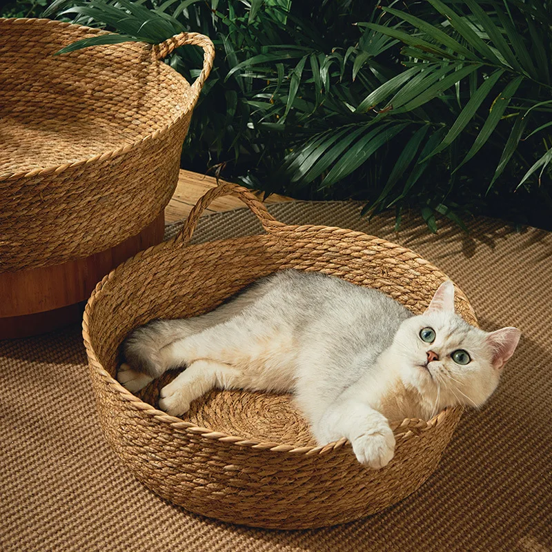 Ronde Rattan Mand | Ademend Huisdierenbed | Katten en Puppy's | Zomerkoel Bamboe Weefhuis | Comfortabel Slaaphol | Dierenvriendelijk ontwerp - Image 2