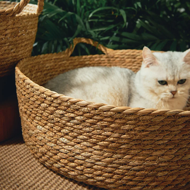Ronde Rattan Mand | Ademend Huisdierenbed | Katten en Puppy's | Zomerkoel Bamboe Weefhuis | Comfortabel Slaaphol | Dierenvriendelijk ontwerp - Image 3