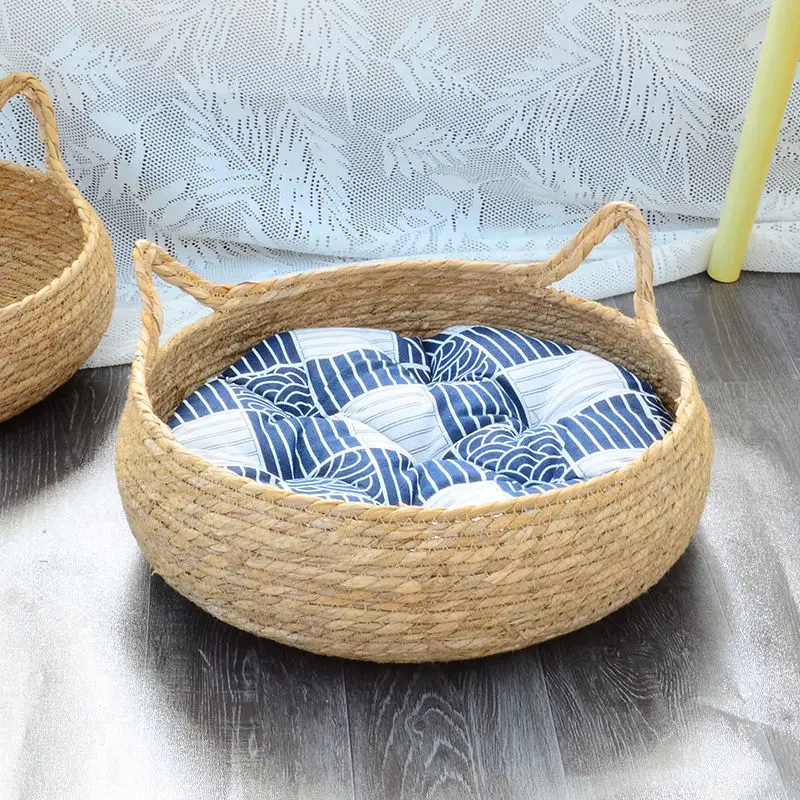 OUZEY Kattenmand Rattan Gevlochten | Kattenbed Rond | Warm en Comfortabel | Inclusief Kussen | Geschikt Voor Katten en Kleine Honden | Meerdere Kleuren | Gemaakt Van Hout - Image 3