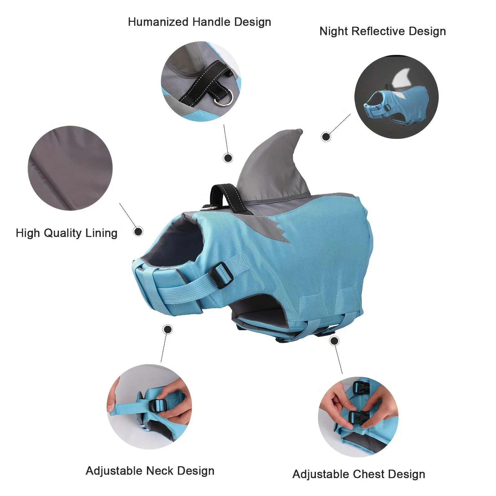 Reflecterend haai hondenzwempak | Veiligheidsvest huisdier met handgreep | Verstelbare waterdichte honden zwemvest voor optimale zichtbaarheid - Image 6