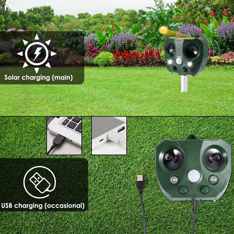 Zonne-energie Ultrasone Afweersysteem | IP44 Waterdicht | 5 Standen | Groen | Bereik tot 9m | Voor Tuin & Boerderij | LED-indicatoren - Image 4