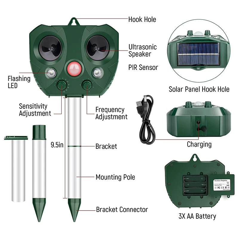 Zonne-energie Ultrasone Afweersysteem | IP44 Waterdicht | 5 Standen | Groen | Bereik tot 9m | Voor Tuin & Boerderij | LED-indicatoren - Image 8