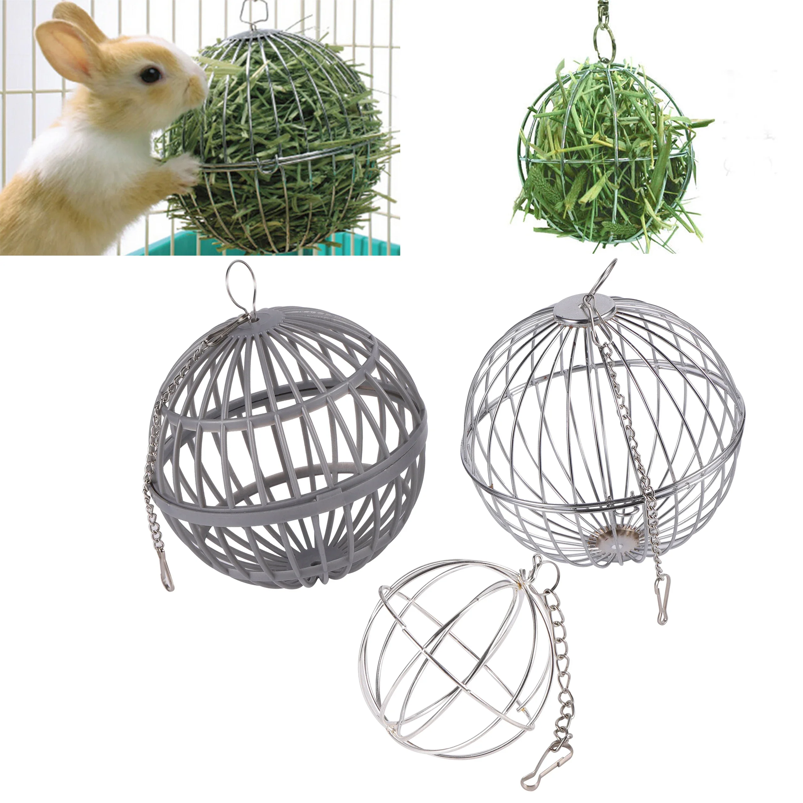 Roestvrij Staal & Plastic Voer Dispenser Bal | Speelgoed voor Konijnen & Cavia's | Zilver | Ronde Hooi Bal met Ophanghaak | Stressverlichting Dieren | Kleine Dierkooien | 1 Stuk