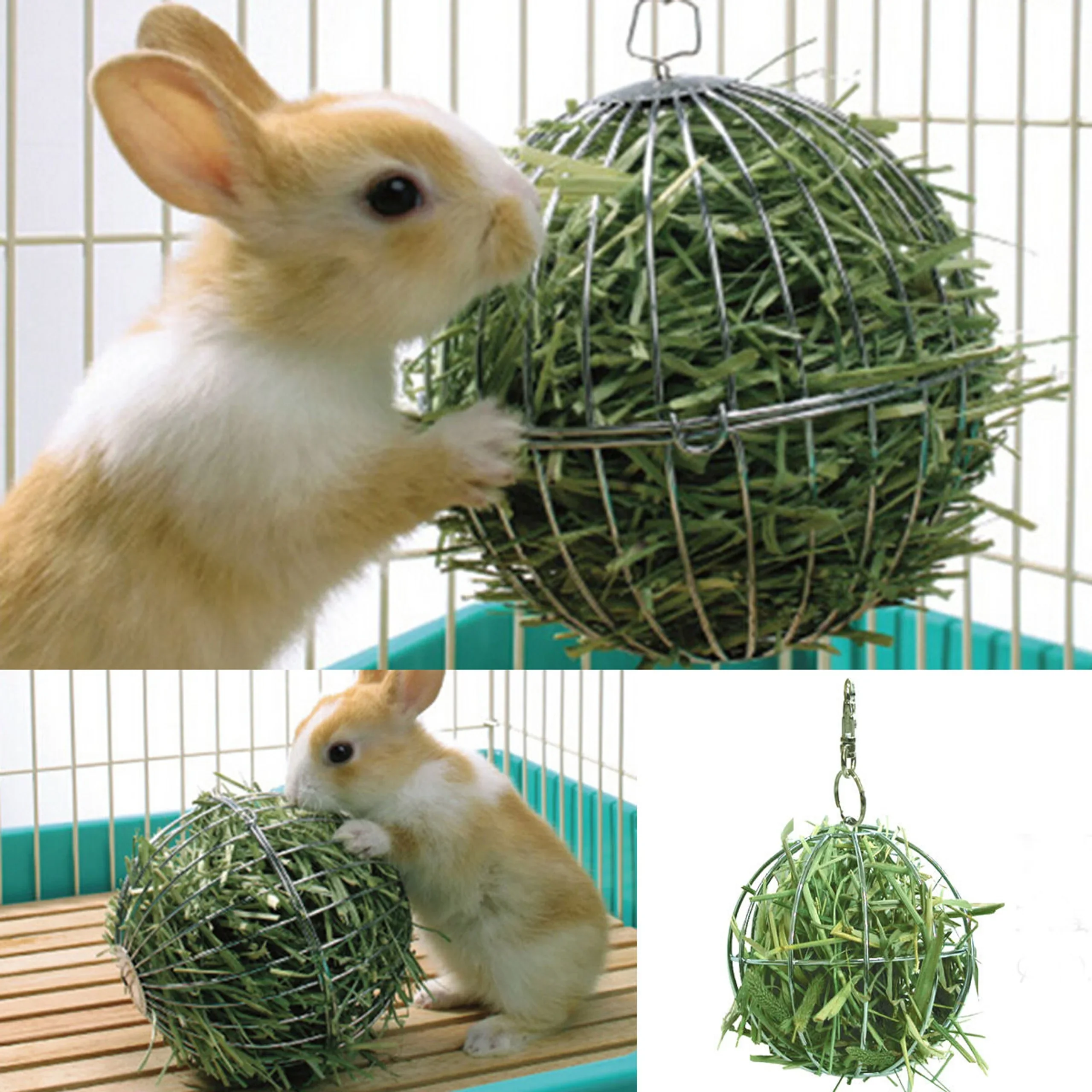 Roestvrij Staal & Plastic Voer Dispenser Bal | Speelgoed voor Konijnen & Cavia's | Zilver | Ronde Hooi Bal met Ophanghaak | Stressverlichting Dieren | Kleine Dierkooien | 1 Stuk - Image 2