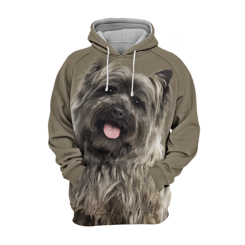 Grijze Unisex Hoodie | Comfortabele Polyester-Katoen Mix | Cairn Terrier Print | Maattabel Inclusief | Vrolijk Ontwerp | Perfect voor Alle Gelegenheden