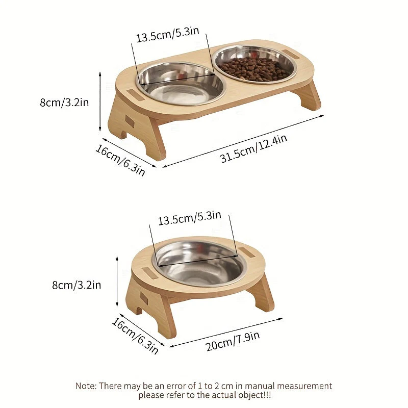 Verhoogde kattenvoerbak set van hout en roestvrij staal | Ergonomische dubbele voerbak | Comfortabel eten en drinken voor katten | Makkelijk schoon te maken | Stabiel en duurzaam | 31,5 x 16 x 8 cm - Image 3