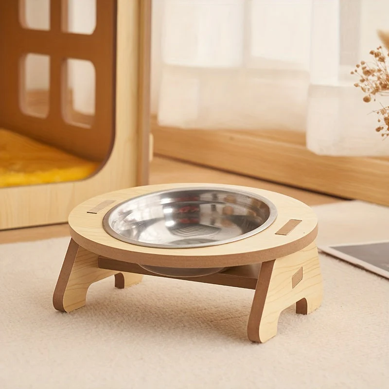 Verhoogde kattenvoerbak set van hout en roestvrij staal | Ergonomische dubbele voerbak | Comfortabel eten en drinken voor katten | Makkelijk schoon te maken | Stabiel en duurzaam | 31,5 x 16 x 8 cm - Image 4