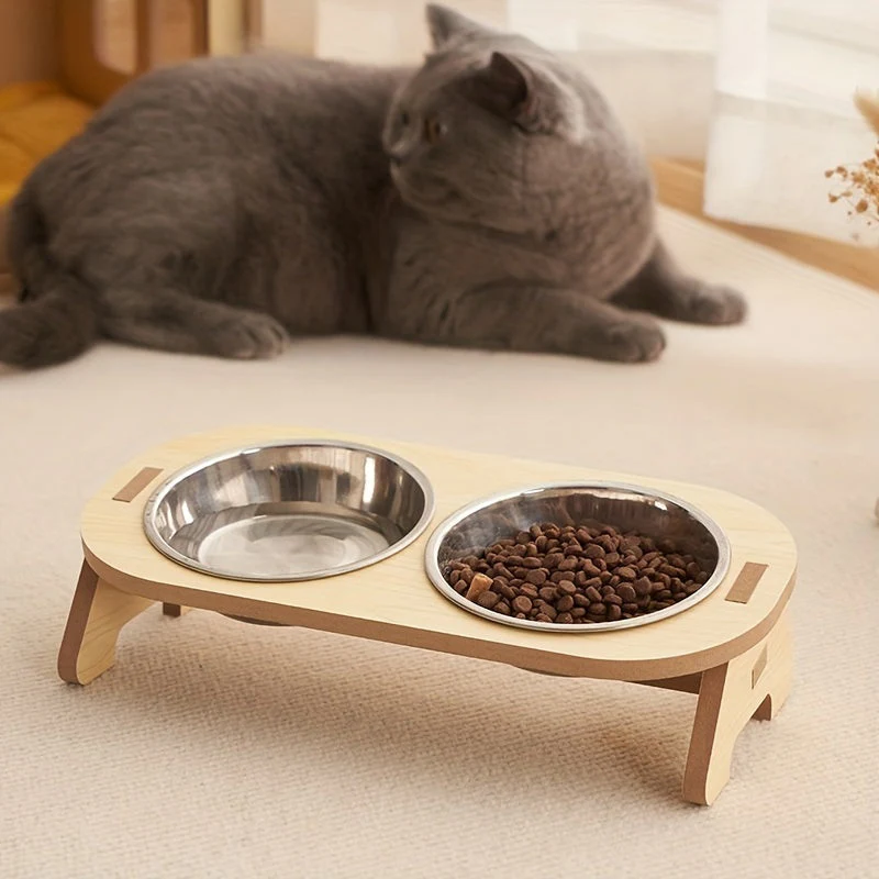 Verhoogde kattenvoerbak set van hout en roestvrij staal | Ergonomische dubbele voerbak | Comfortabel eten en drinken voor katten | Makkelijk schoon te maken | Stabiel en duurzaam | 31,5 x 16 x 8 cm - Image 5
