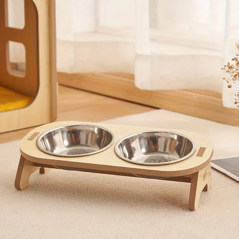 Verhoogde kattenvoerbak set van hout en roestvrij staal | Ergonomische dubbele voerbak | Comfortabel eten en drinken voor katten | Makkelijk schoon te maken | Stabiel en duurzaam | 31,5 x 16 x 8 cm - Image 6