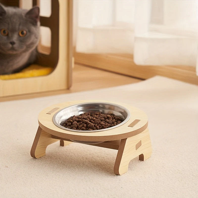 Verhoogde kattenvoerbak set van hout en roestvrij staal | Ergonomische dubbele voerbak | Comfortabel eten en drinken voor katten | Makkelijk schoon te maken | Stabiel en duurzaam | 31,5 x 16 x 8 cm - Image 8