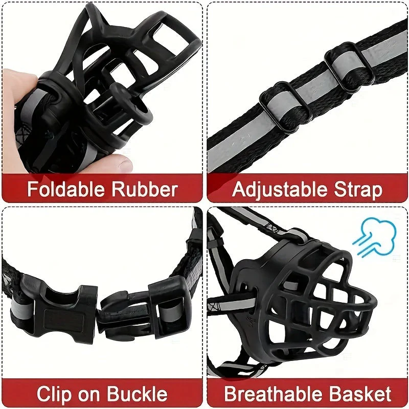 Verstelbare hondenmuilkorf van zacht rubber | Ademend ontwerp | Reflecterende nylon banden | Geschikt voor training en wandelen | Voor kleine tot grote honden - Image 5